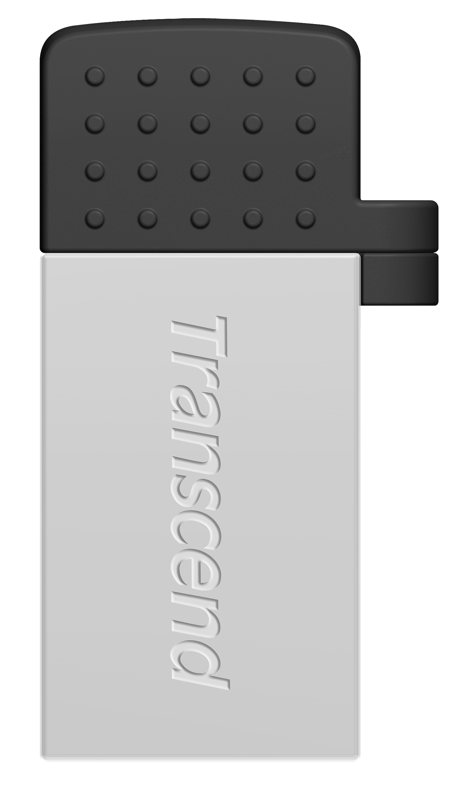 Ein silberner USB-Stick mit schwarzem Kopf und geprägtem Schriftzug.