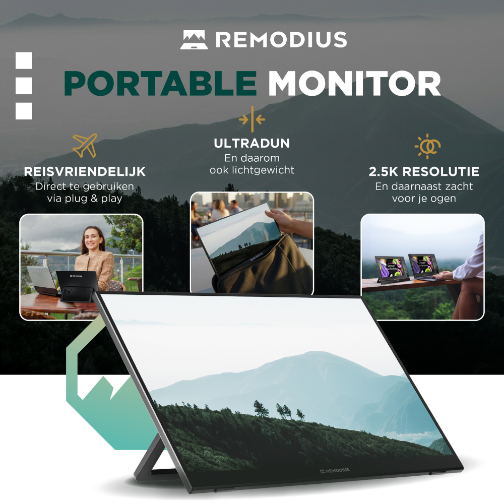 Un moniteur portable Remodius, avec trois images présentant ses fonctionnalités.