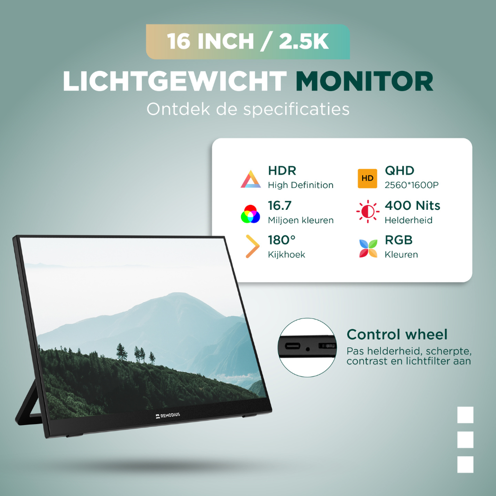 Moniteur léger 16 pouces, résolution 2,5K, HDR, 16,7M couleurs, angle de vision 180°.