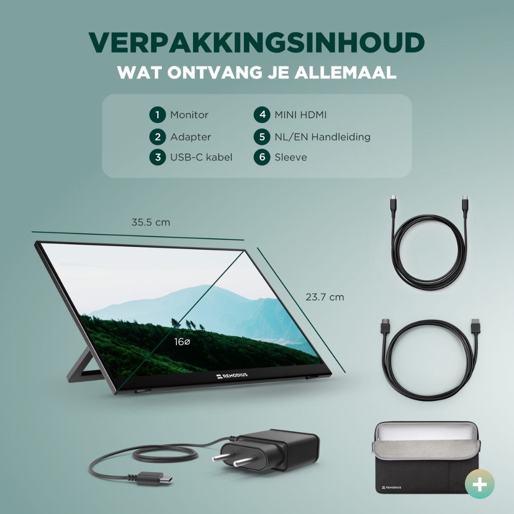 Contenu : Moniteur, adaptateur, câble USB-C, Mini-HDMI, manuel, housse. Dimensions 35,5x23,7 cm.