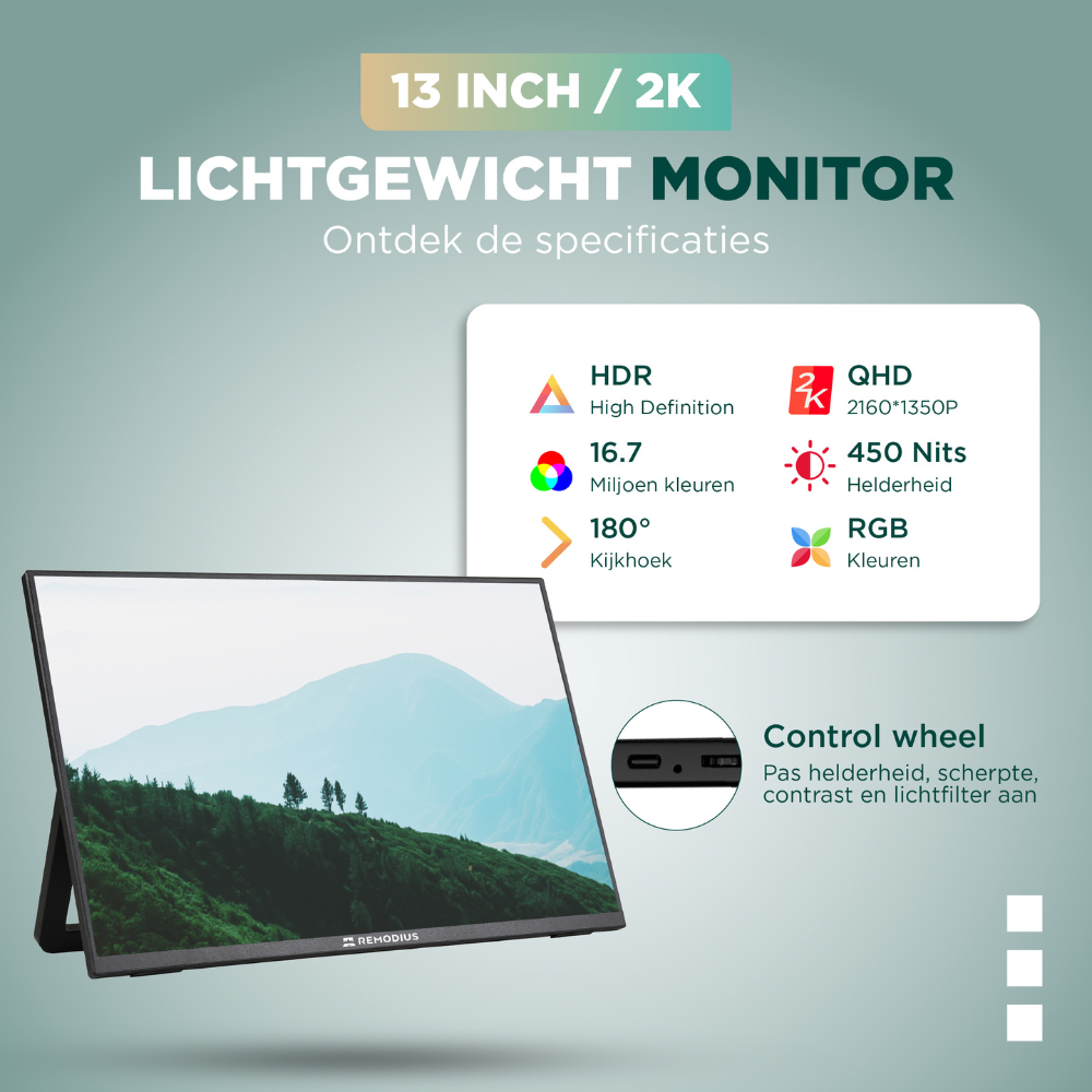 Moniteur QHD 13 pouces avec HDR, 16,7M couleurs, angle de vision 180°, 450 nits.
