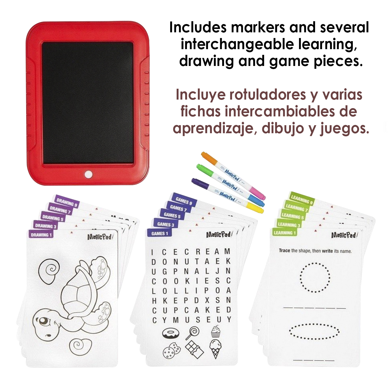 MagicPad rosso con pennarelli e carte didattiche per disegnare e giocare.