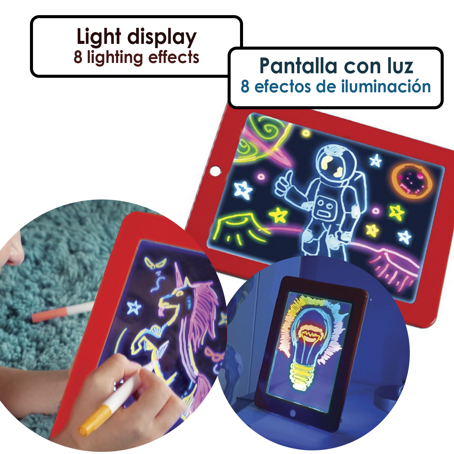 Bambini disegnano con penne luminose su una tavola rossa.