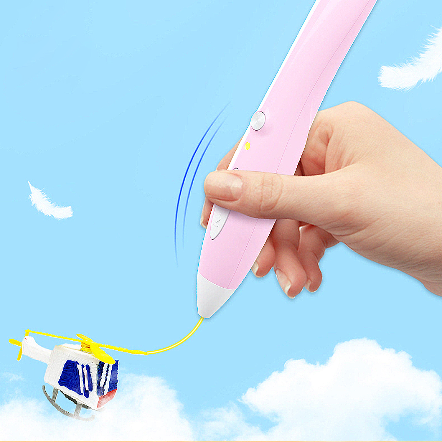 Una mano sostiene un bolígrafo 3D rosa, dibujando un pequeño helicóptero en el cielo.