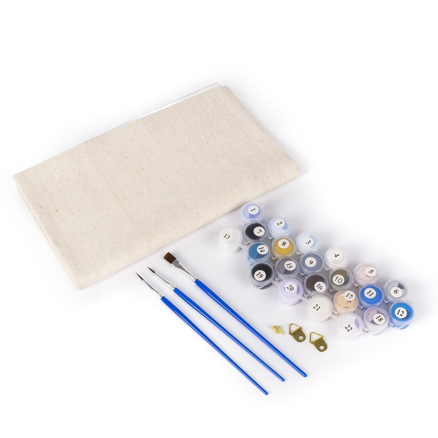 Un set di pittura con vasetti numerati, pennelli e tela.