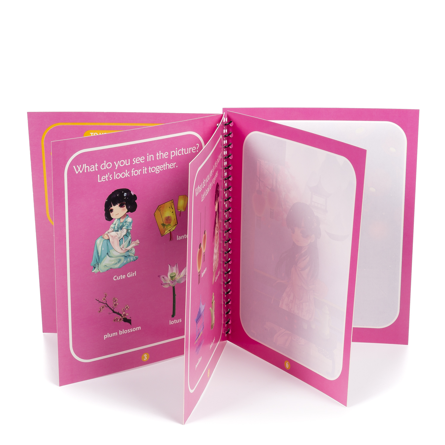 Un libro rosa mostra una ragazza anime carina, un loto, un fiore di prugno e lanterne.