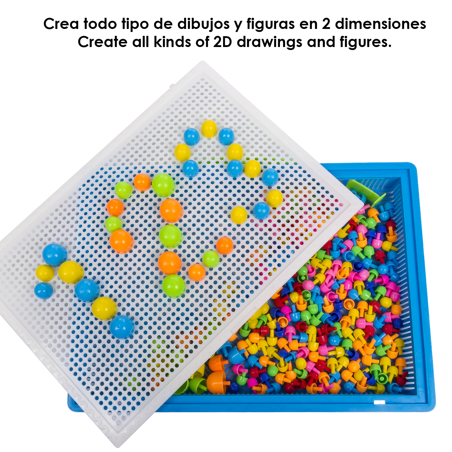 Un tablero blanco con clavijas y bolas de colores, junto a una caja azul llena de clavijas.