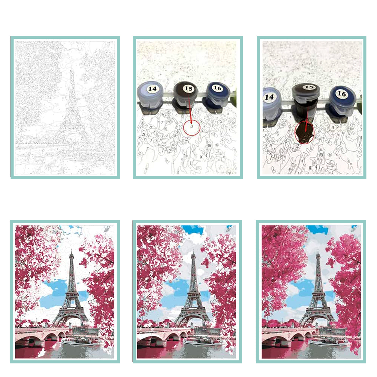 Torre Eiffel pintar por números: progreso y resultado.
