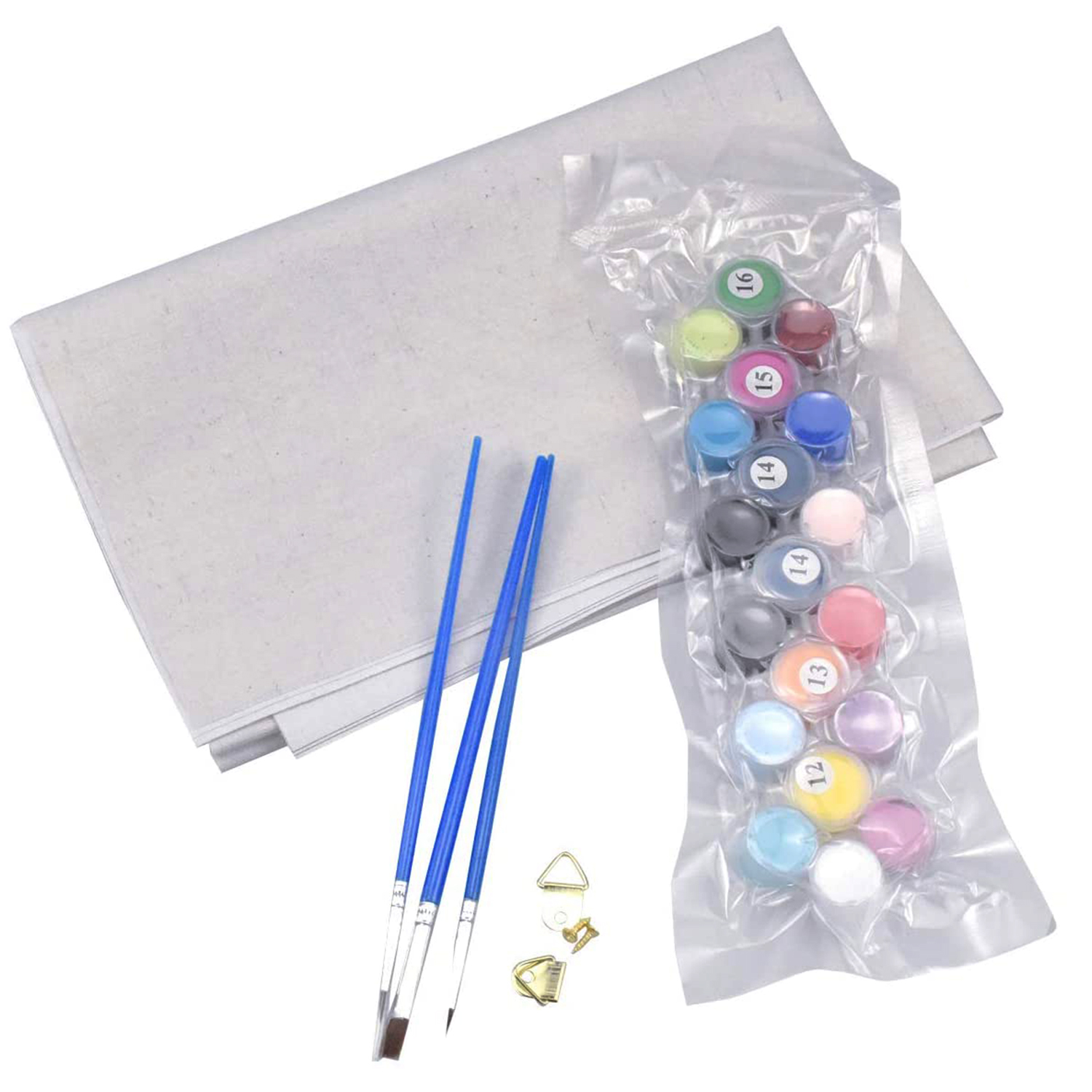 Un kit de pintura por números con lienzo, tres pinceles y botes de pintura.