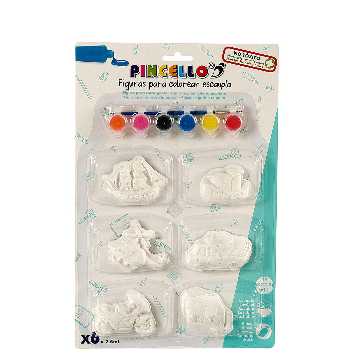 Un kit creativo con sei figure in gesso bianche e sei vasetti di vernice.