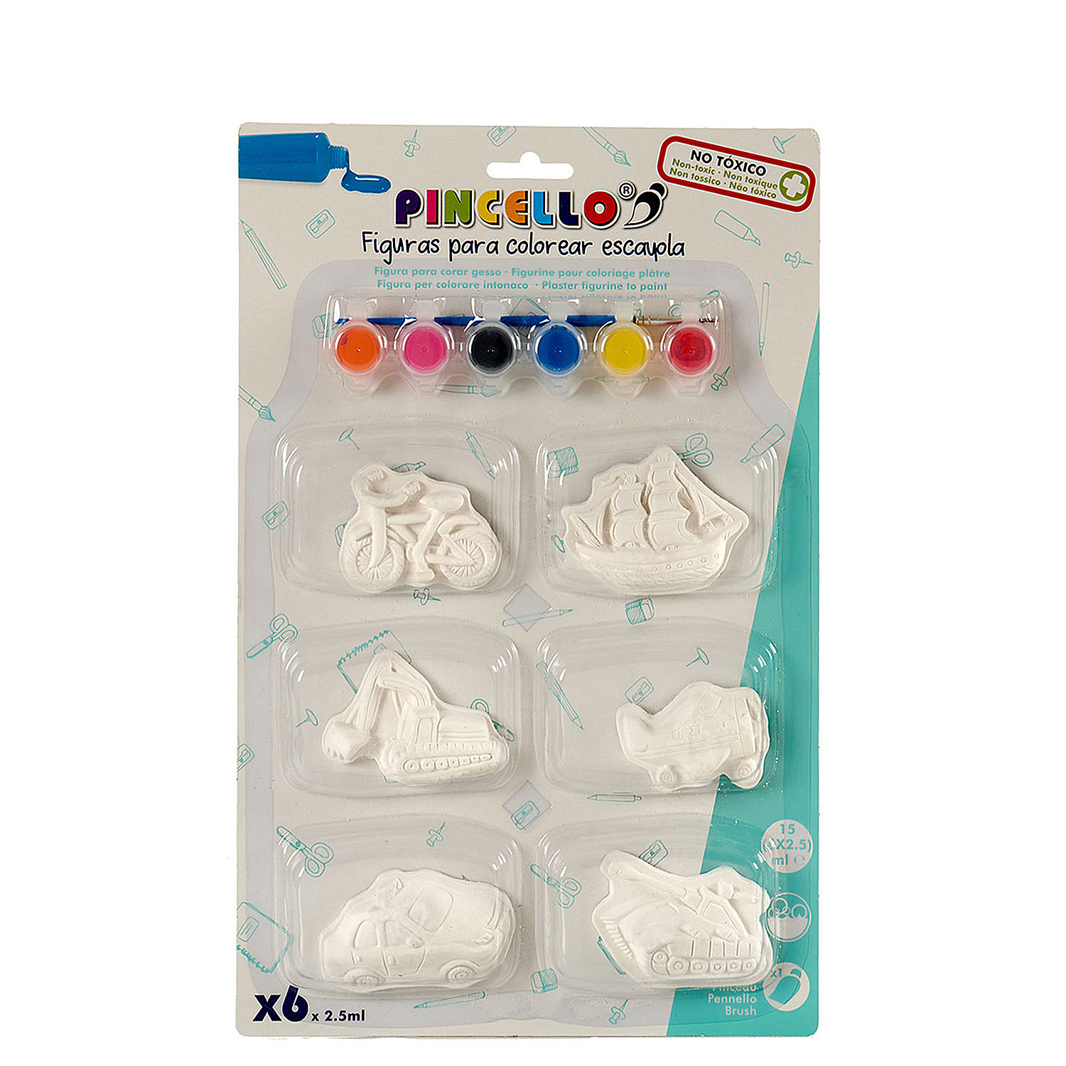 Un set di 6 statuine in gesso non dipinte (moto, nave, escavatore, aereo, auto, carro armato) e 5 colori.
