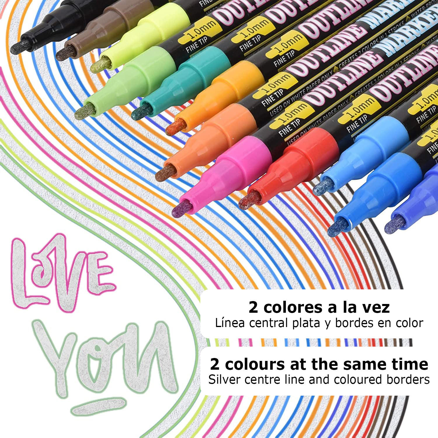 Marcadores de contorno coloridos sobre líneas coloridas. Texto "Love You" a la izquierda.