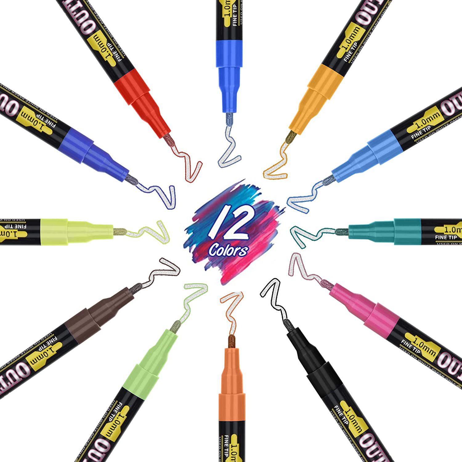 Doce bolígrafos de punta fina en varios colores, para usar en papel blanco.