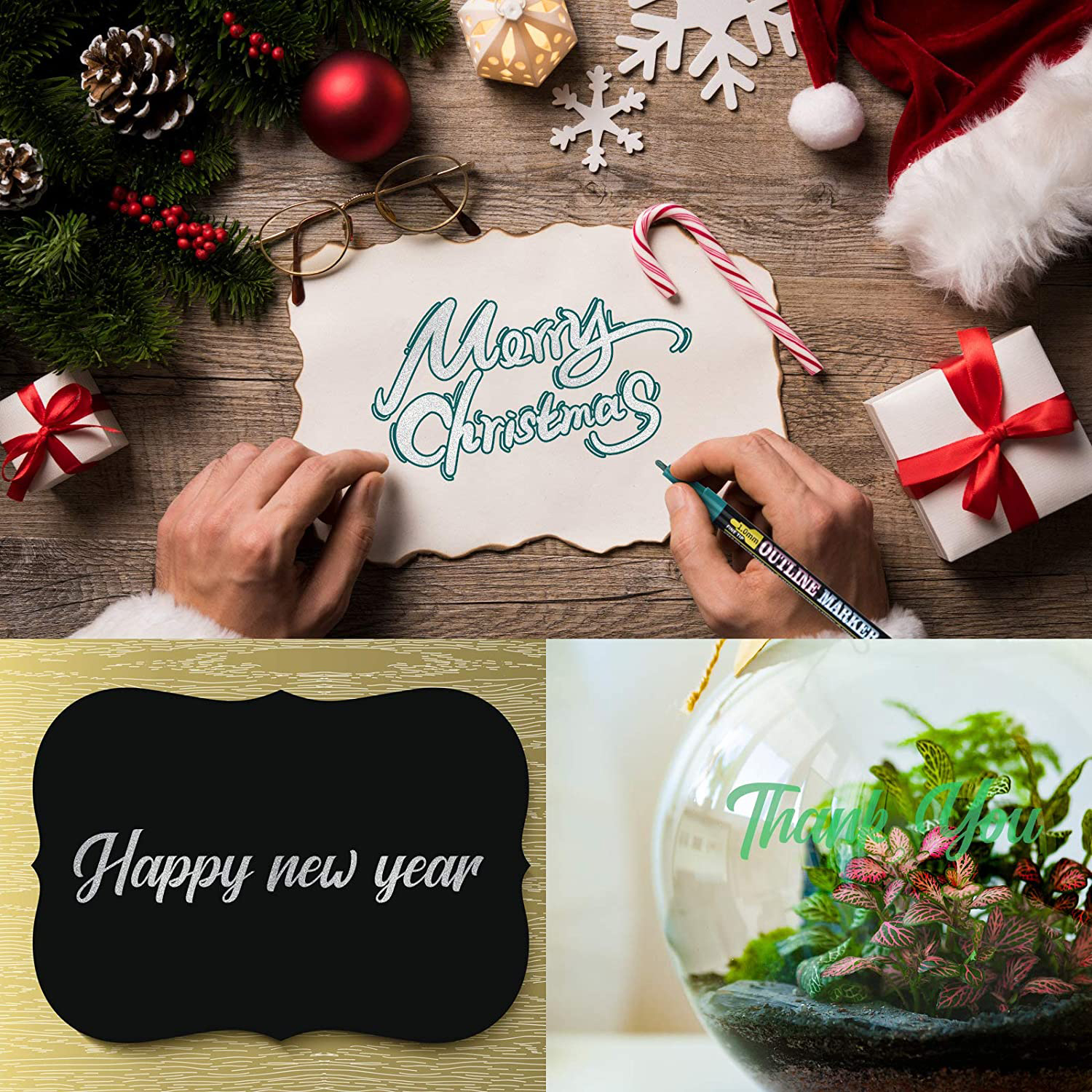 Decoración navideña con mensajes "Merry Christmas", "Feliz Año Nuevo" y "Gracias".