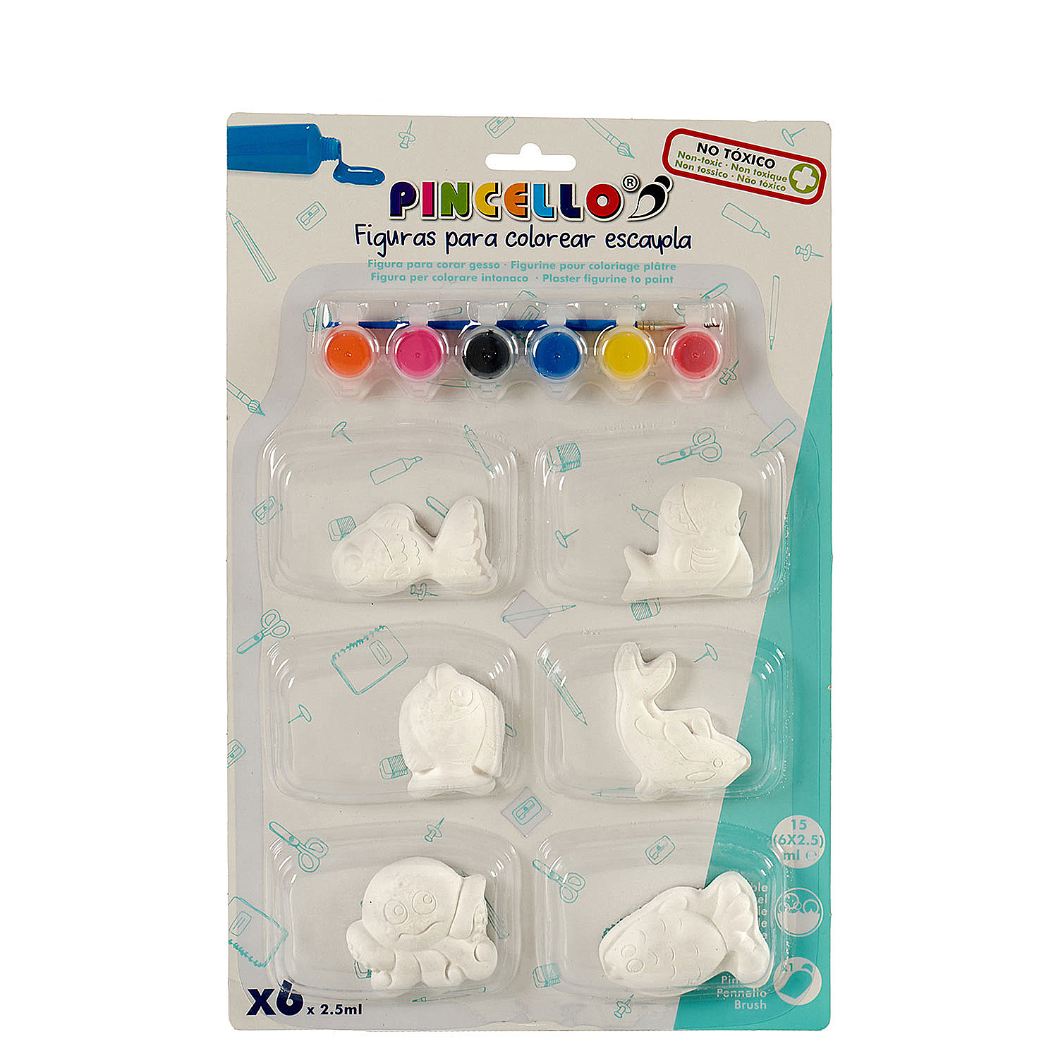 Un set de pintura con seis colores y cinco figuras de animales marinos de yeso.