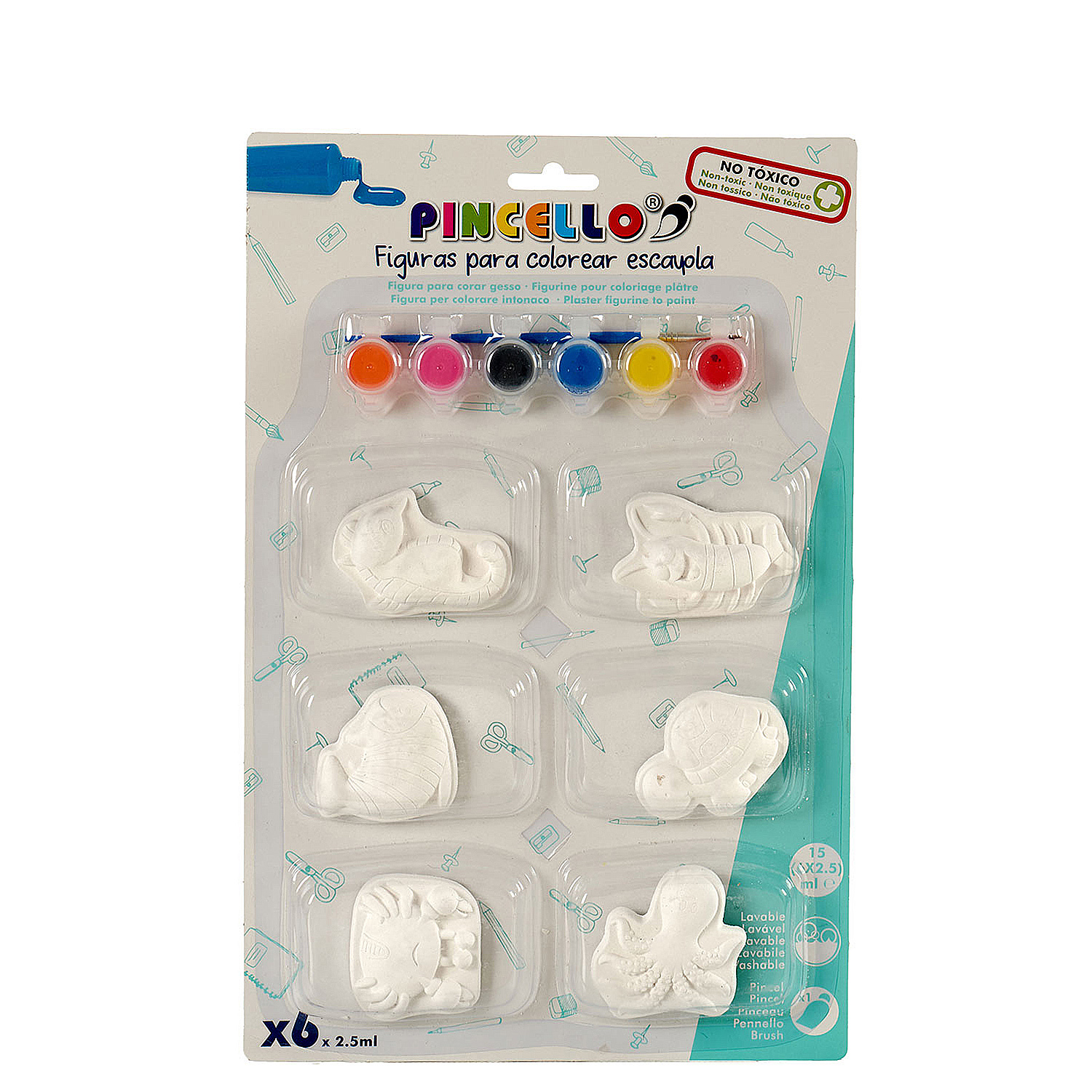 Un kit para pintar figuras de yeso con 6 figuras y 6 botes de pintura.