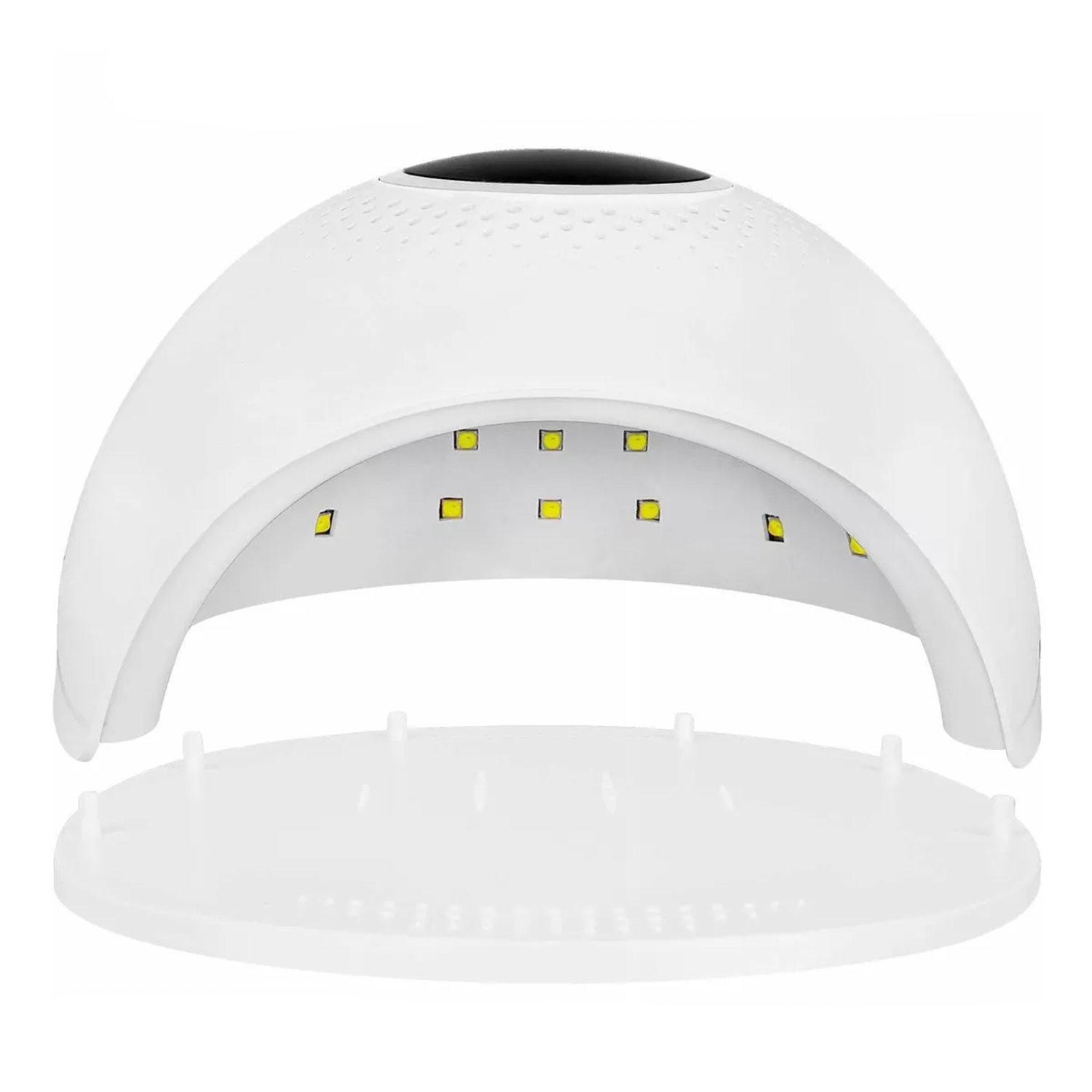 Lampada UV bianca per unghie con top nero e LED gialli su base bianca.