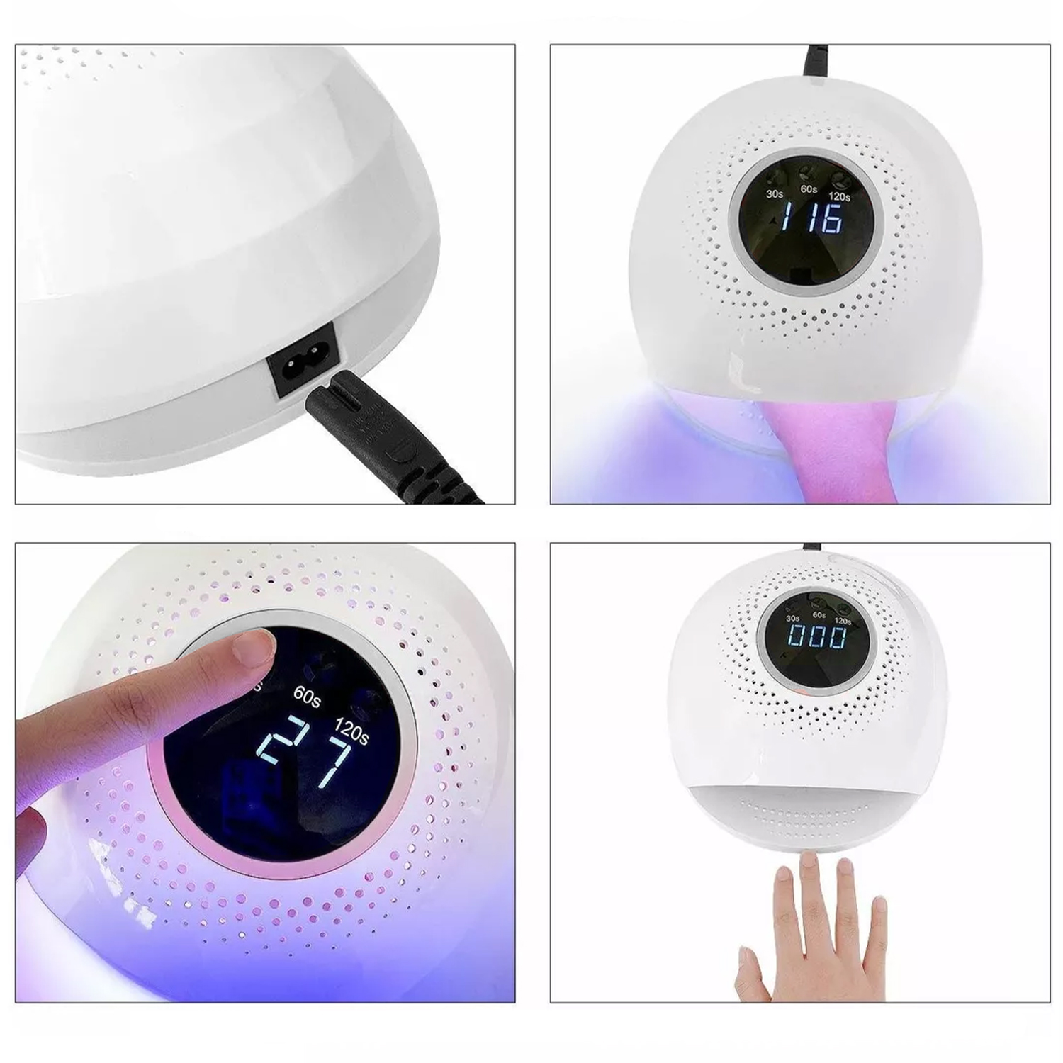 Una lampada UV bianca per unghie con display digitale e una mano.