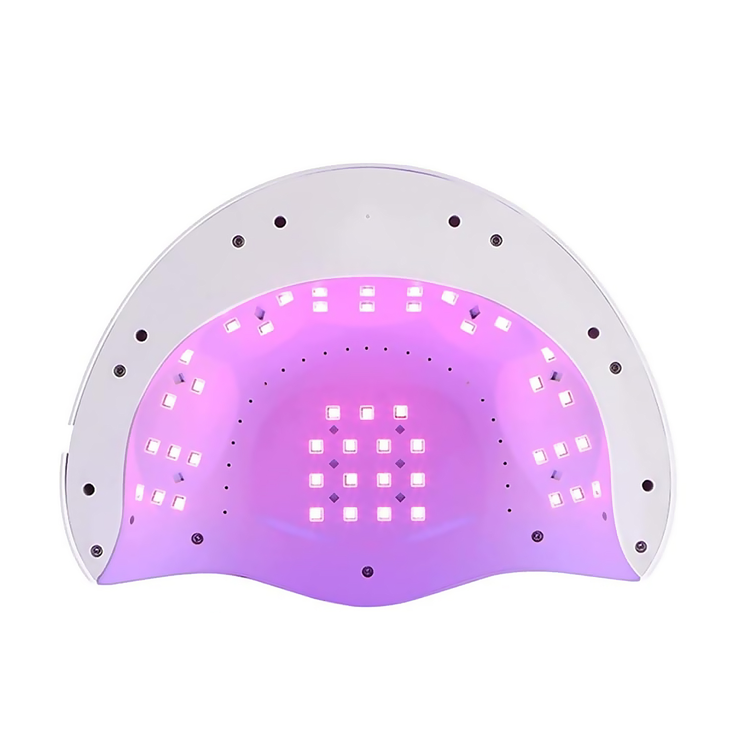 Lámpara UV blanca para uñas con muchas luces que brillan en rosa.