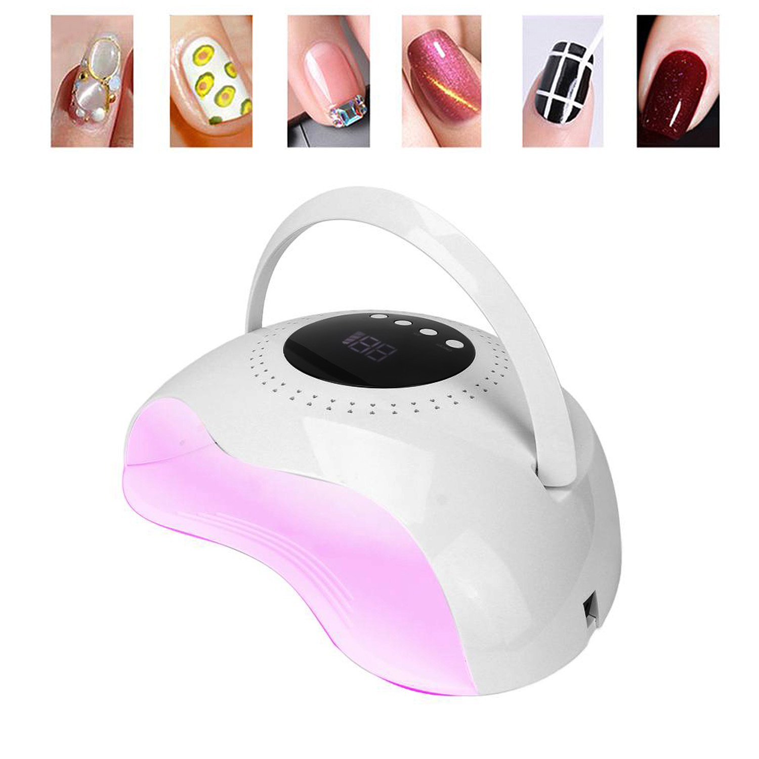 Lámpara secadora de uñas blanca con diseños coloridos.