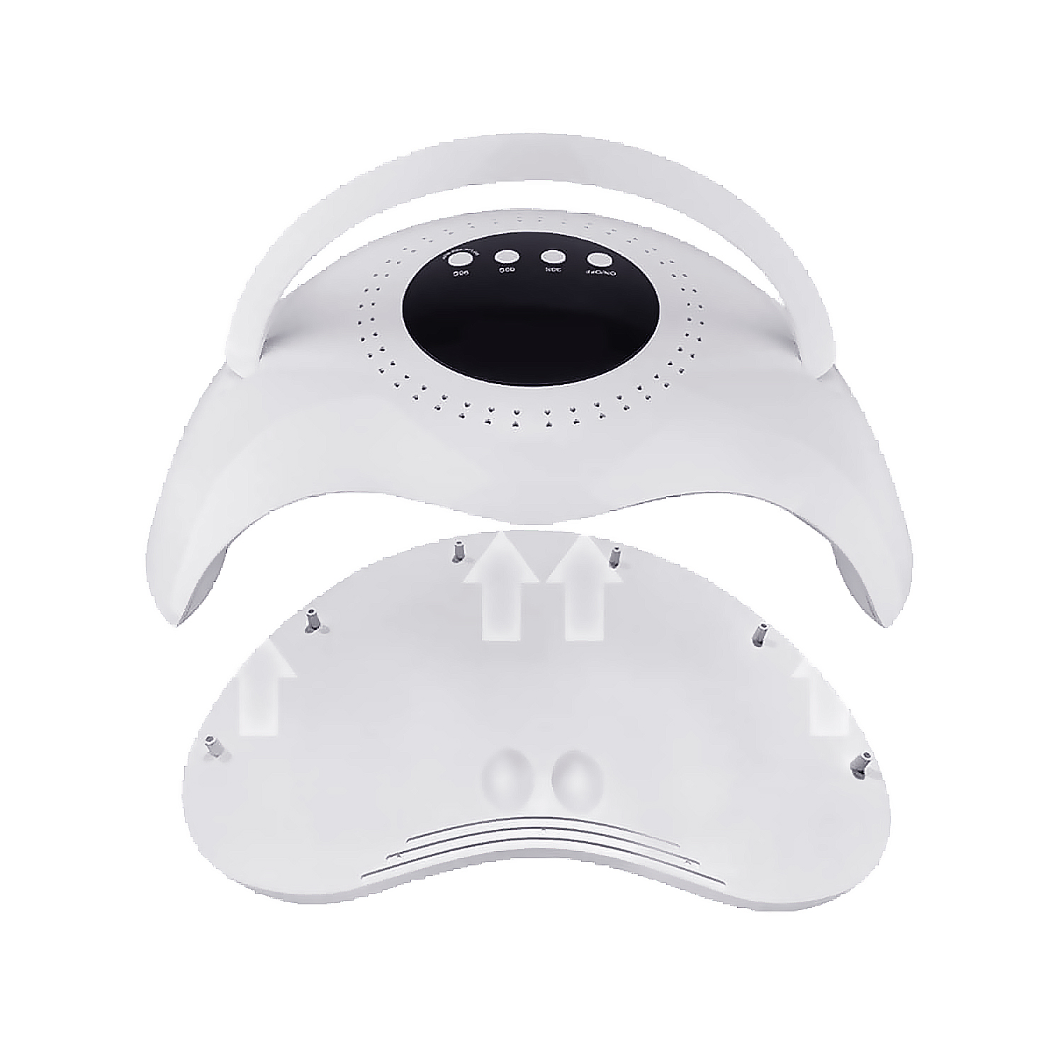 Una lámpara UV para uñas blanca con asa y botones, parcialmente desmontada.