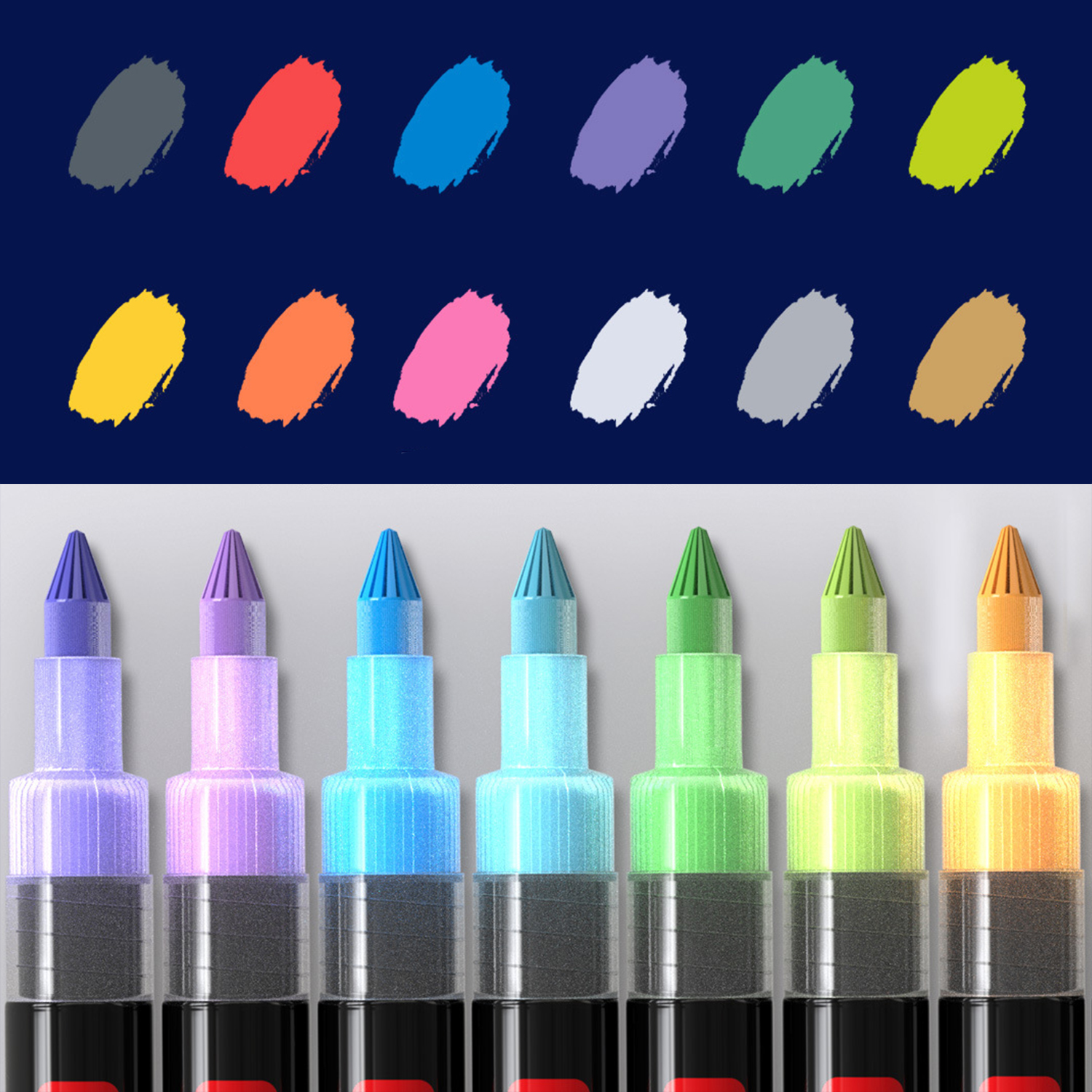 Macchie di colore grigio, rosso, blu, viola, verde, giallo, arancione, rosa, bianco, grigio chiaro, beige. Punte pennarelli viola, blu, verdi, gialle.