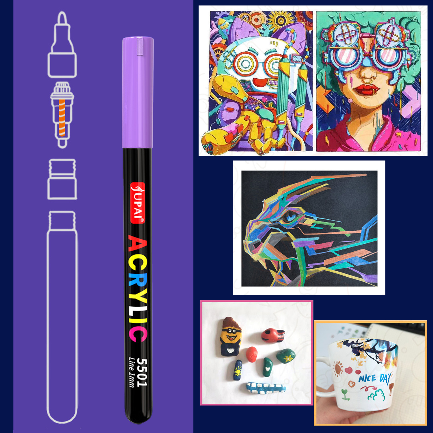Un pennarello viola e opere d'arte colorate: robot, donna con occhiali, testa di drago, sassi dipinti, tazza.