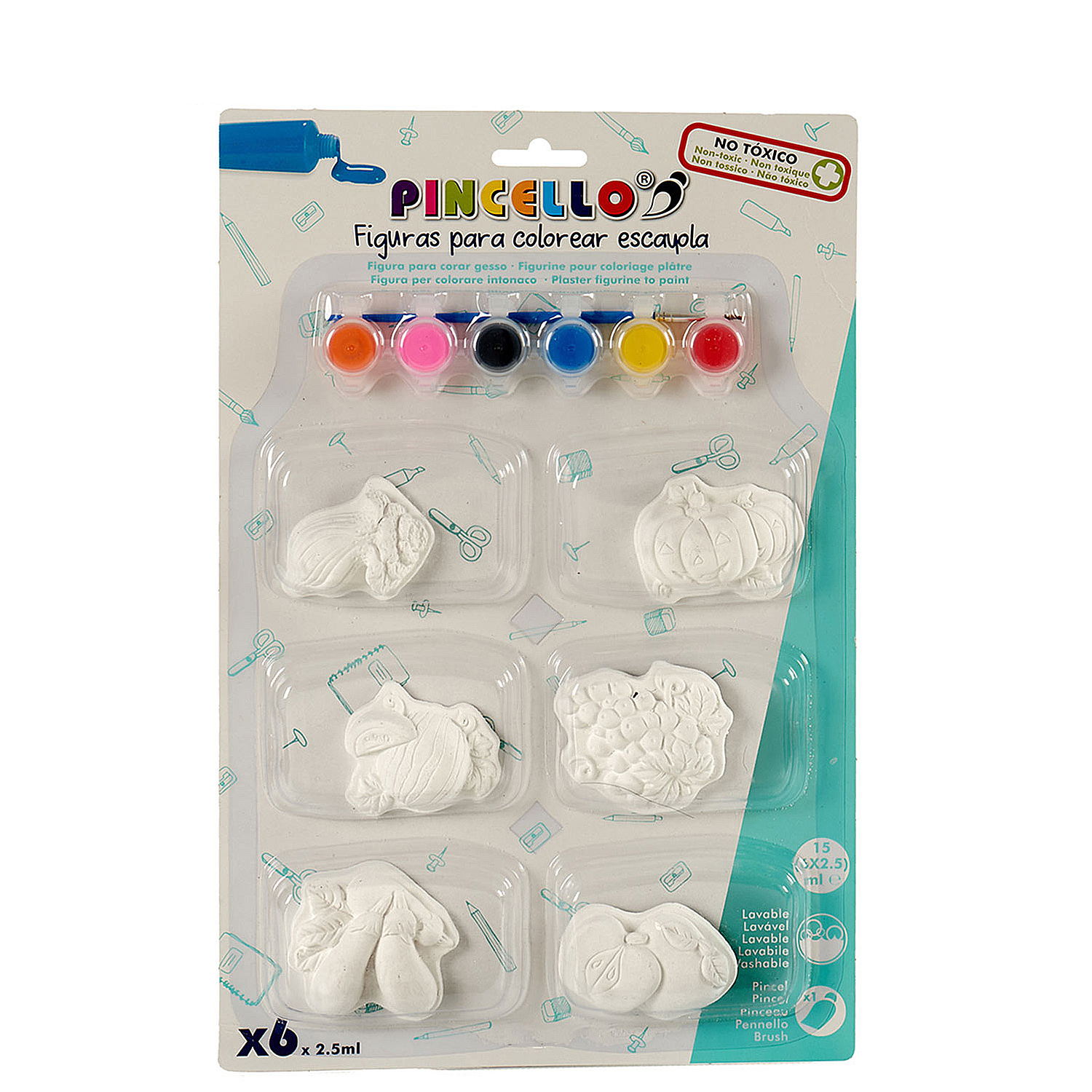 Kit de manualidades con 6 figuras de yeso: calabaza, uvas, zapatillas, manzanas. Incluye pinturas.