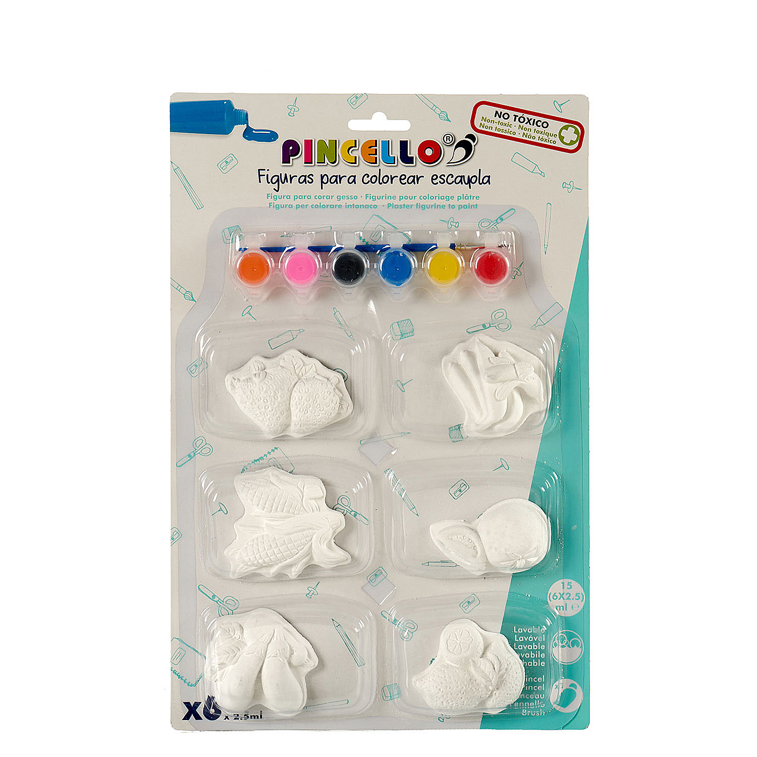 Un set de 6 figuras de yeso para pintar, incluye 6 pinturas y pincel.
