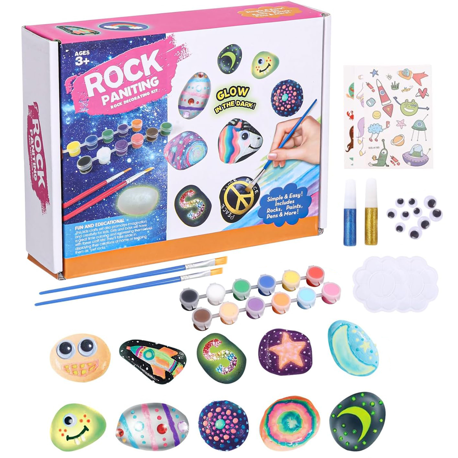 Kit creativo per dipingere rocce con rocce, vernici, pennelli e adesivi.
