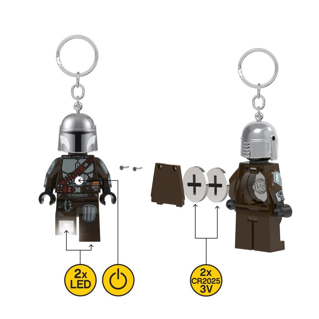 Llavero de figura Lego Mandaloriana con LED, botón de encendido y compartimento de batería.