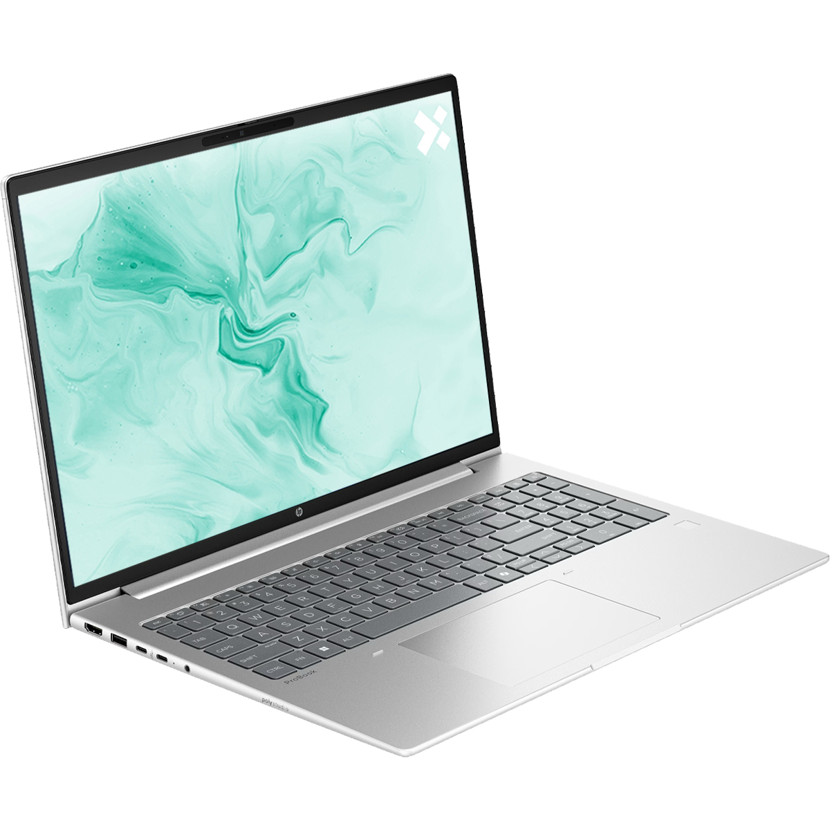 Zilveren HP laptop met mintgroen abstracte achtergrondafbeelding.