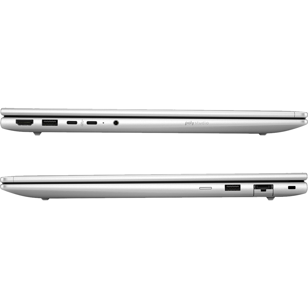 Zilveren laptop met poorten: HDMI, USB-C, koptelefoonaansluiting, USB-A, SD-kaartlezer.