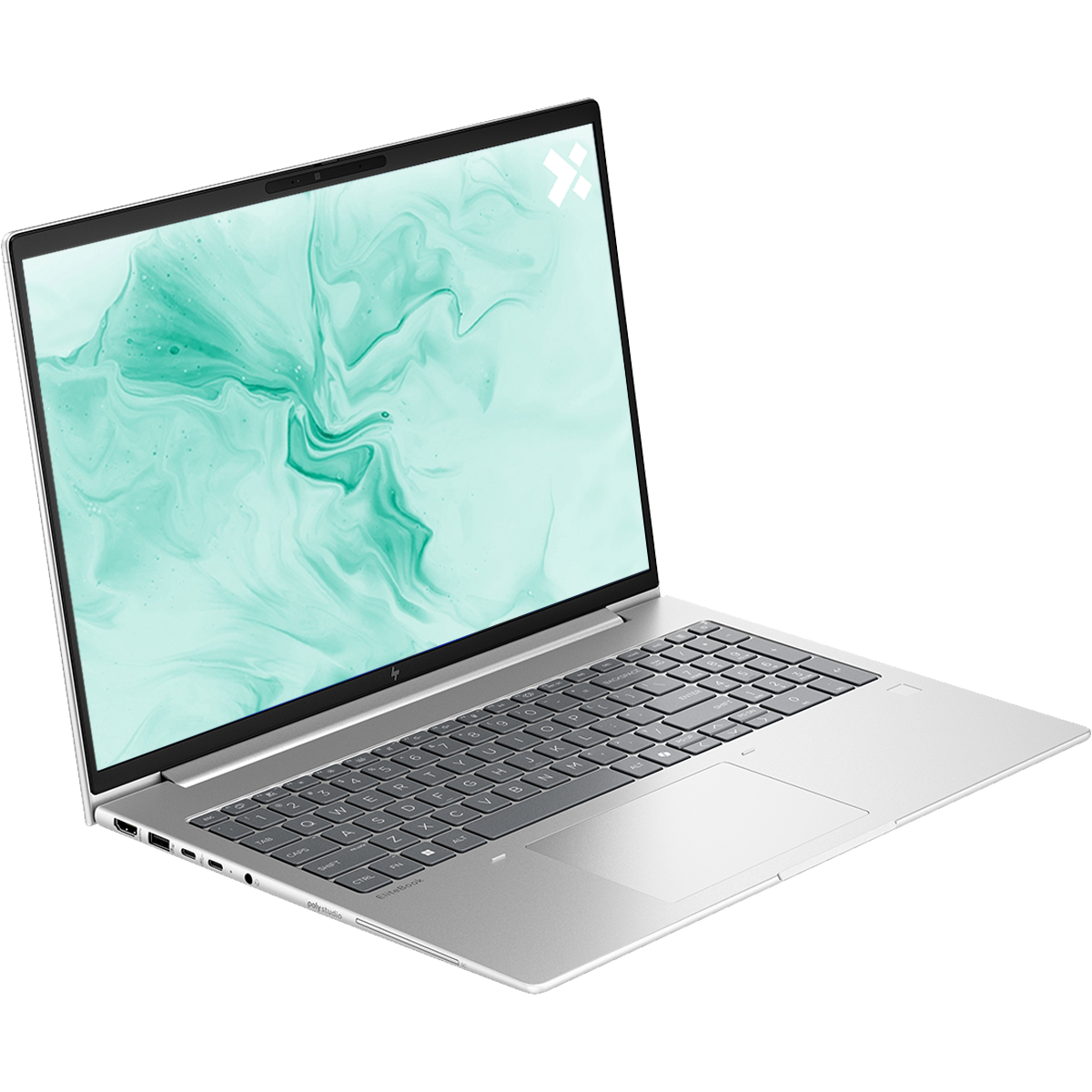Een open zilveren HP EliteBook laptop met een groen marmerpatroon als achtergrond.