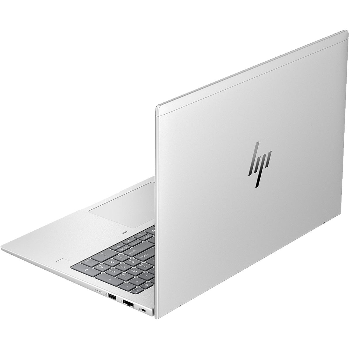 Een zilveren HP laptop met verlicht toetsenbord en logo.