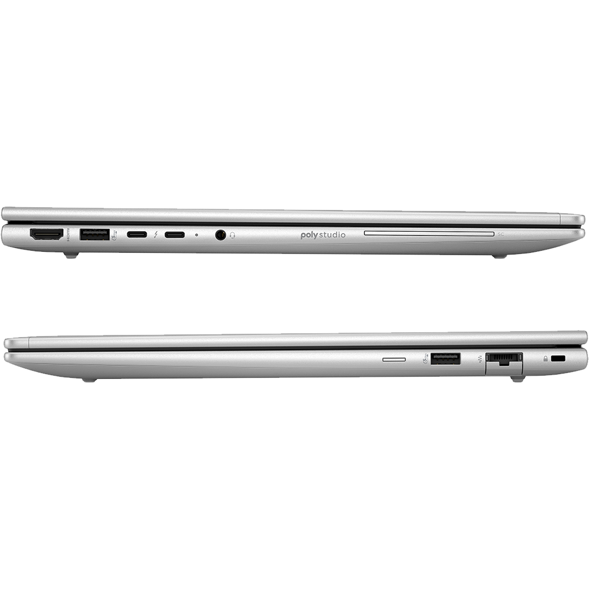 Zilveren laptop met poorten: HDMI, USB, Thunderbolt, koptelefoonaansluiting.