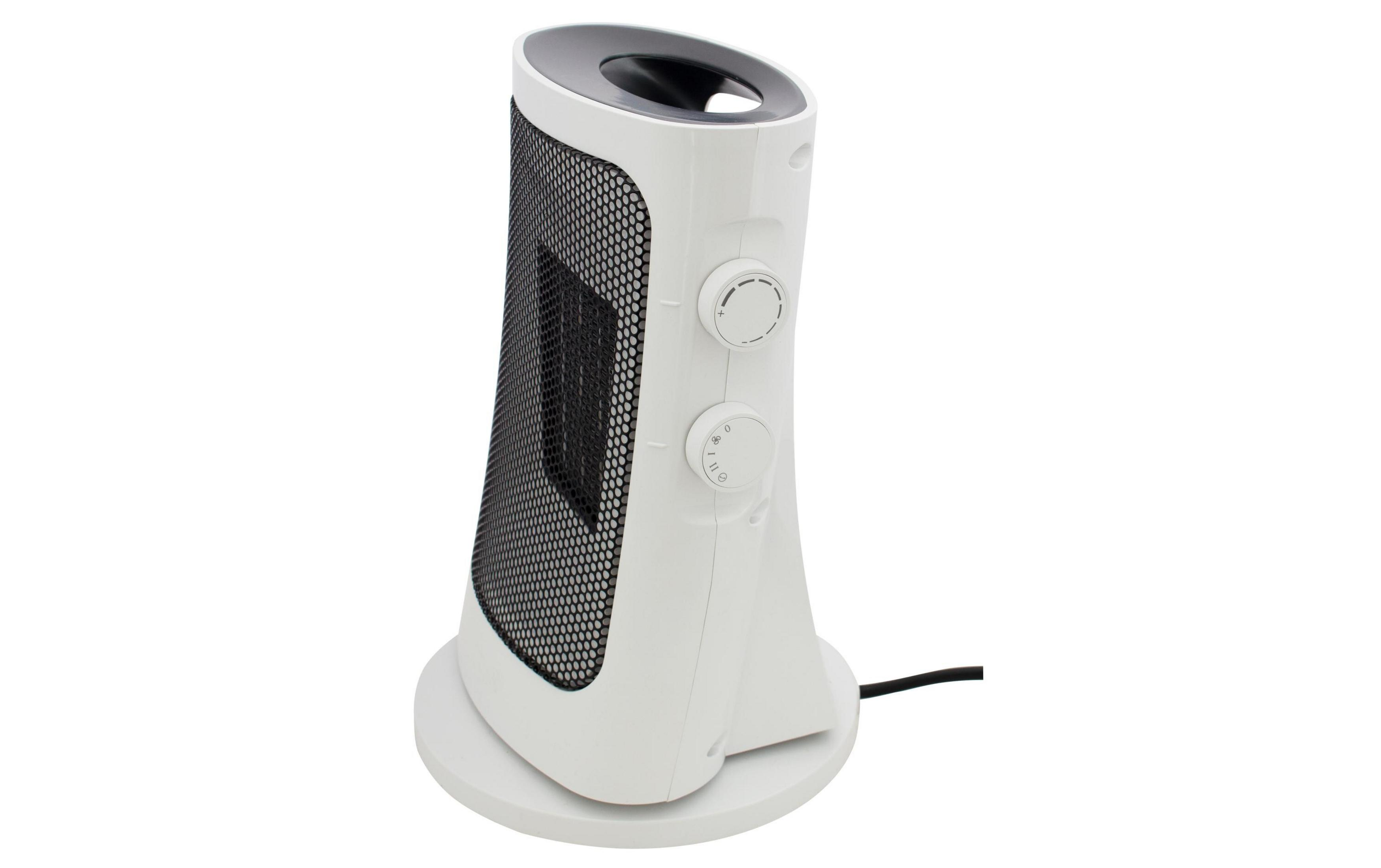 Un ventilateur tour blanc avec grille noire et boutons de commande.