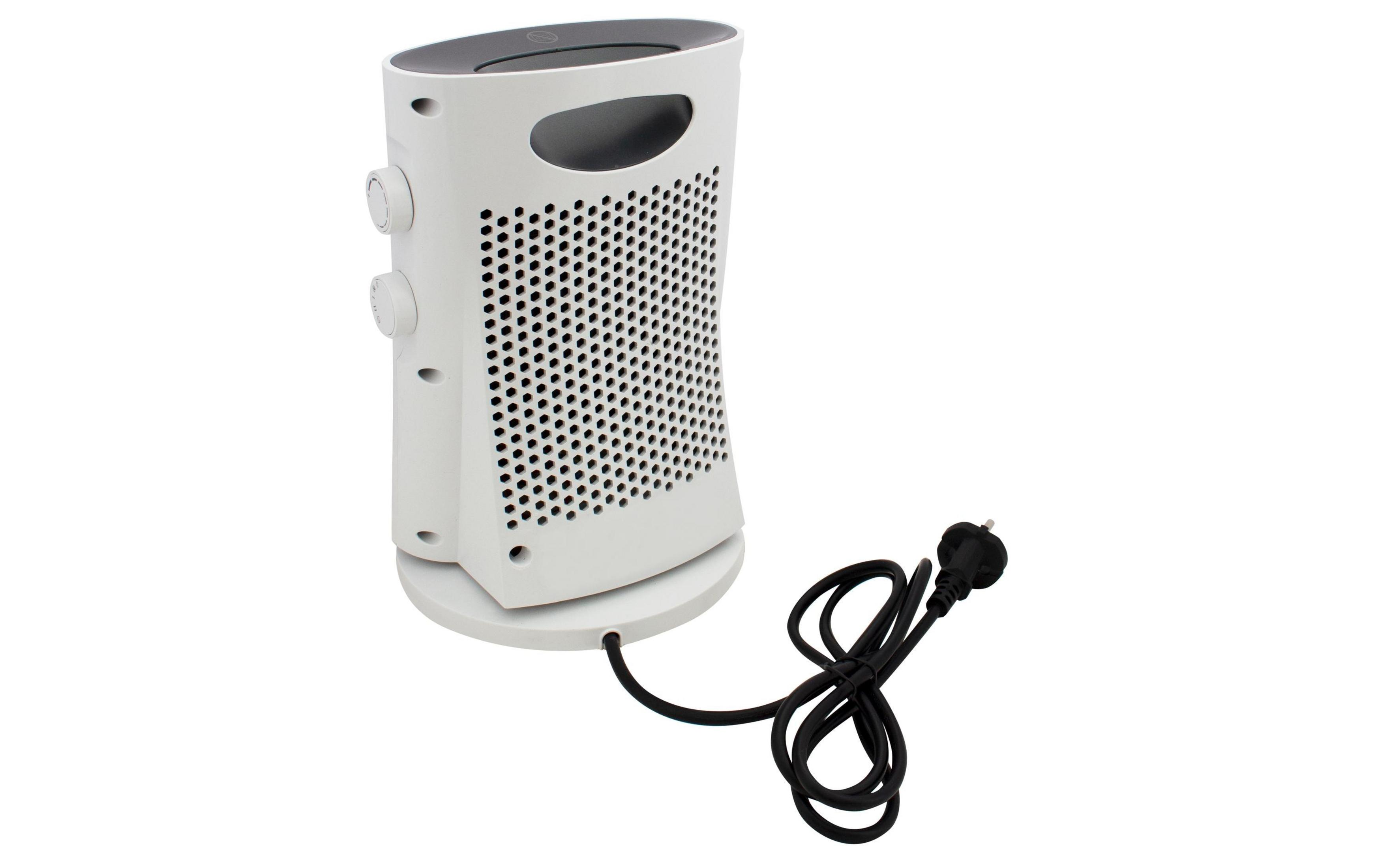 Un purificateur d'air blanc avec cordon et prise noirs, sur fond blanc.