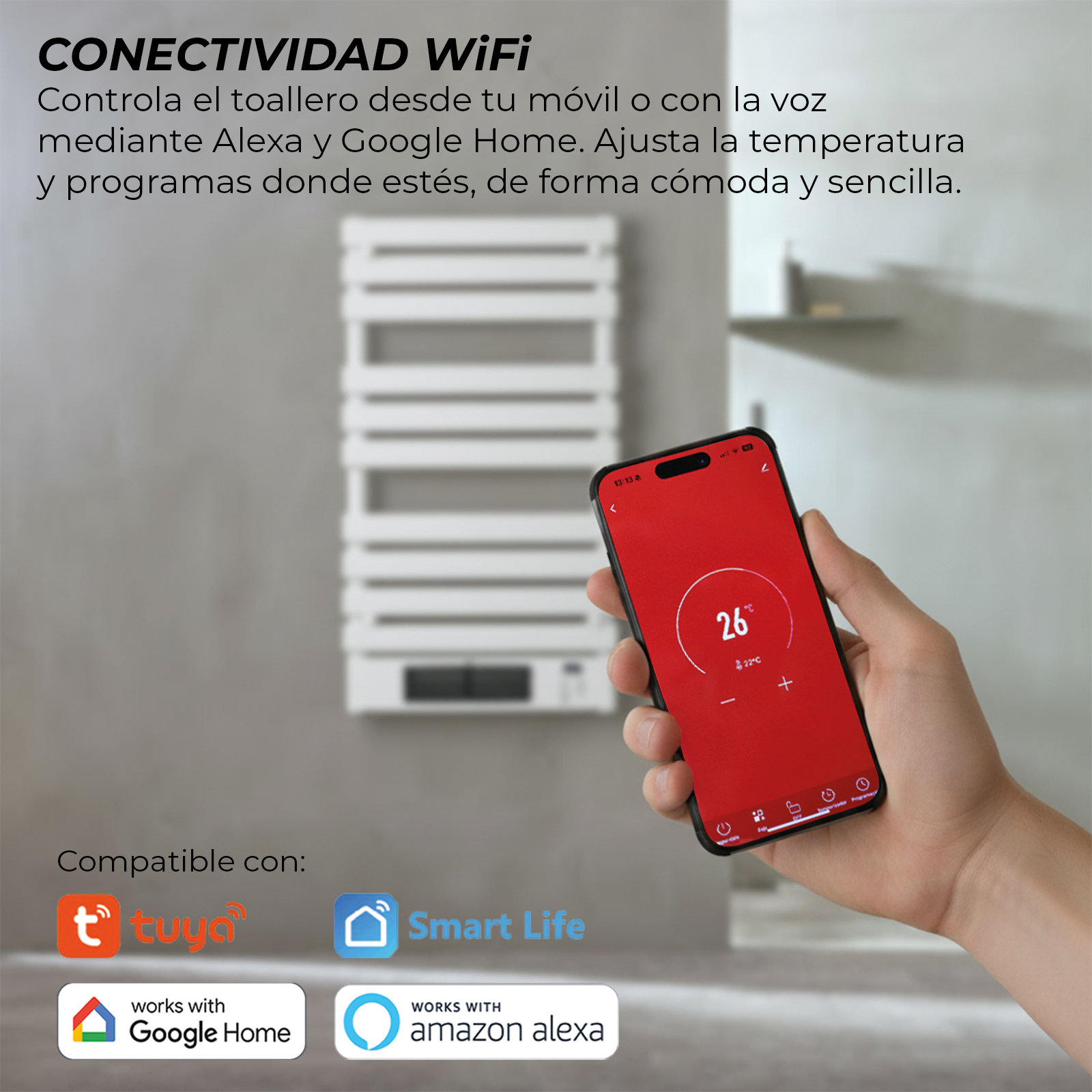 Una mano sostiene un teléfono con app para toallero blanco. Compatible con Tuya, Smart Life, Google Home, Alexa.