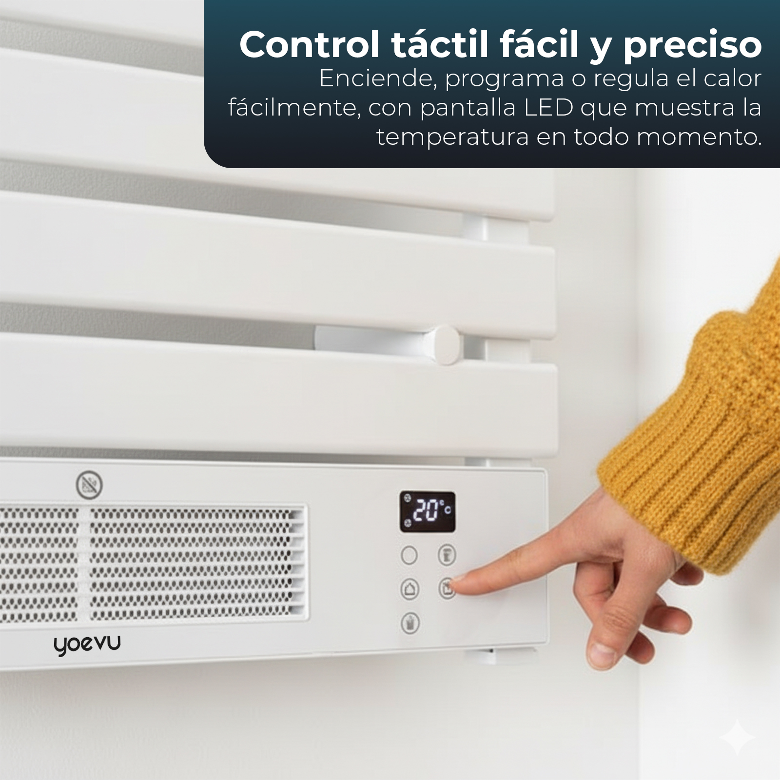 Una mano opera un calentador blanco con pantalla LED y botones.