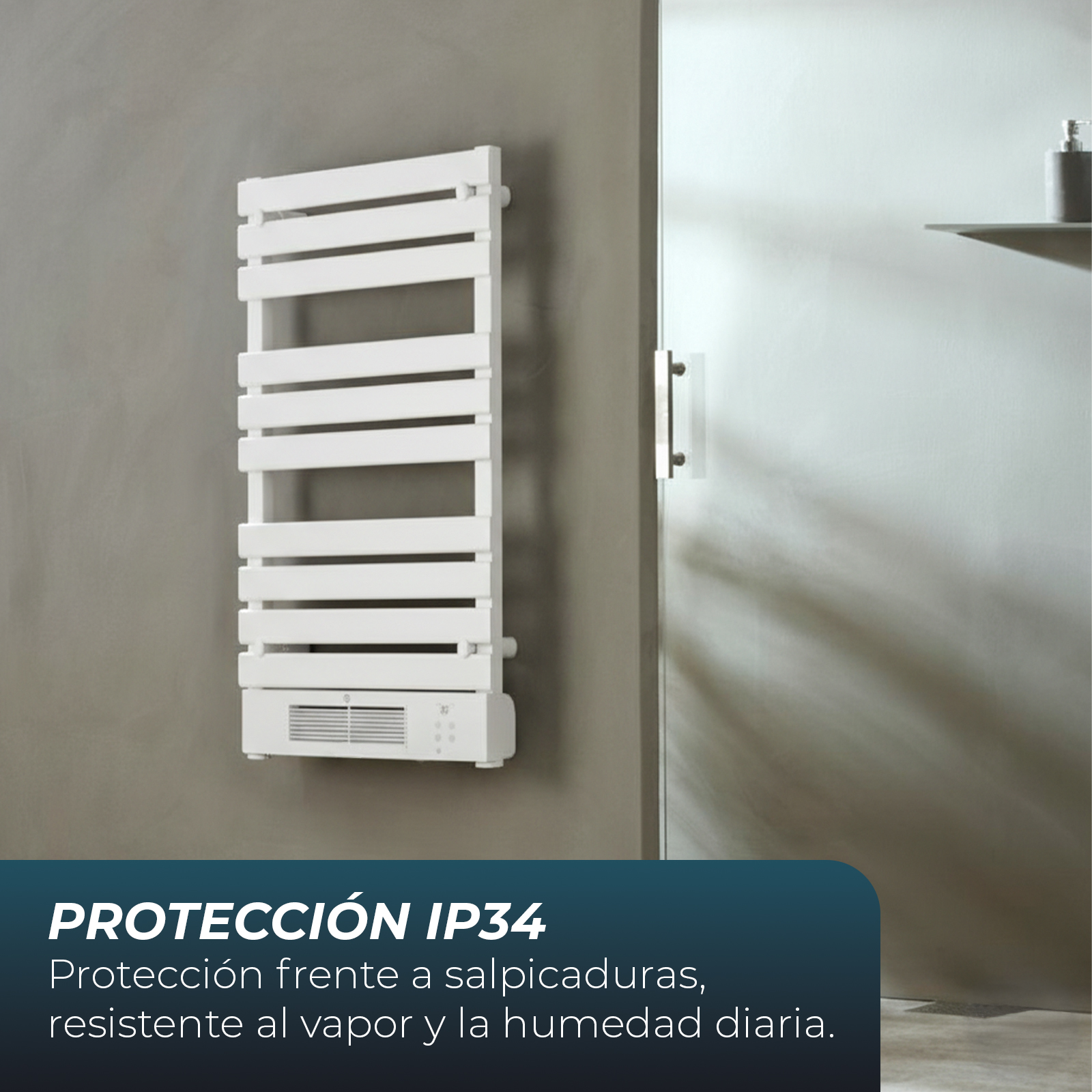 Un toallero blanco con lamas montado en una pared gris junto a una puerta de cristal.