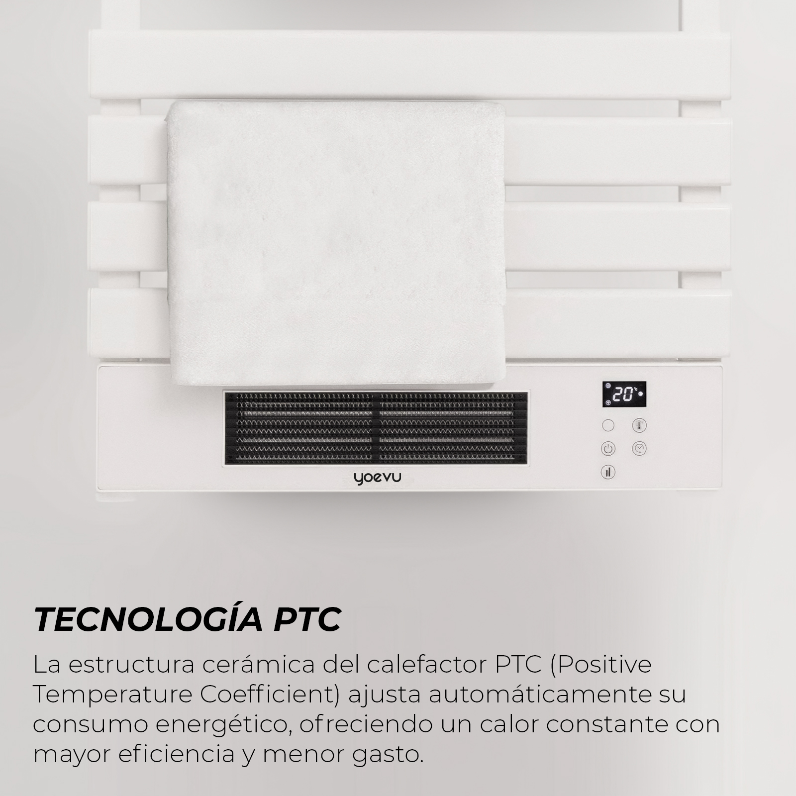 Toallero eléctrico blanco con rejilla de ventilación y pantalla digital.