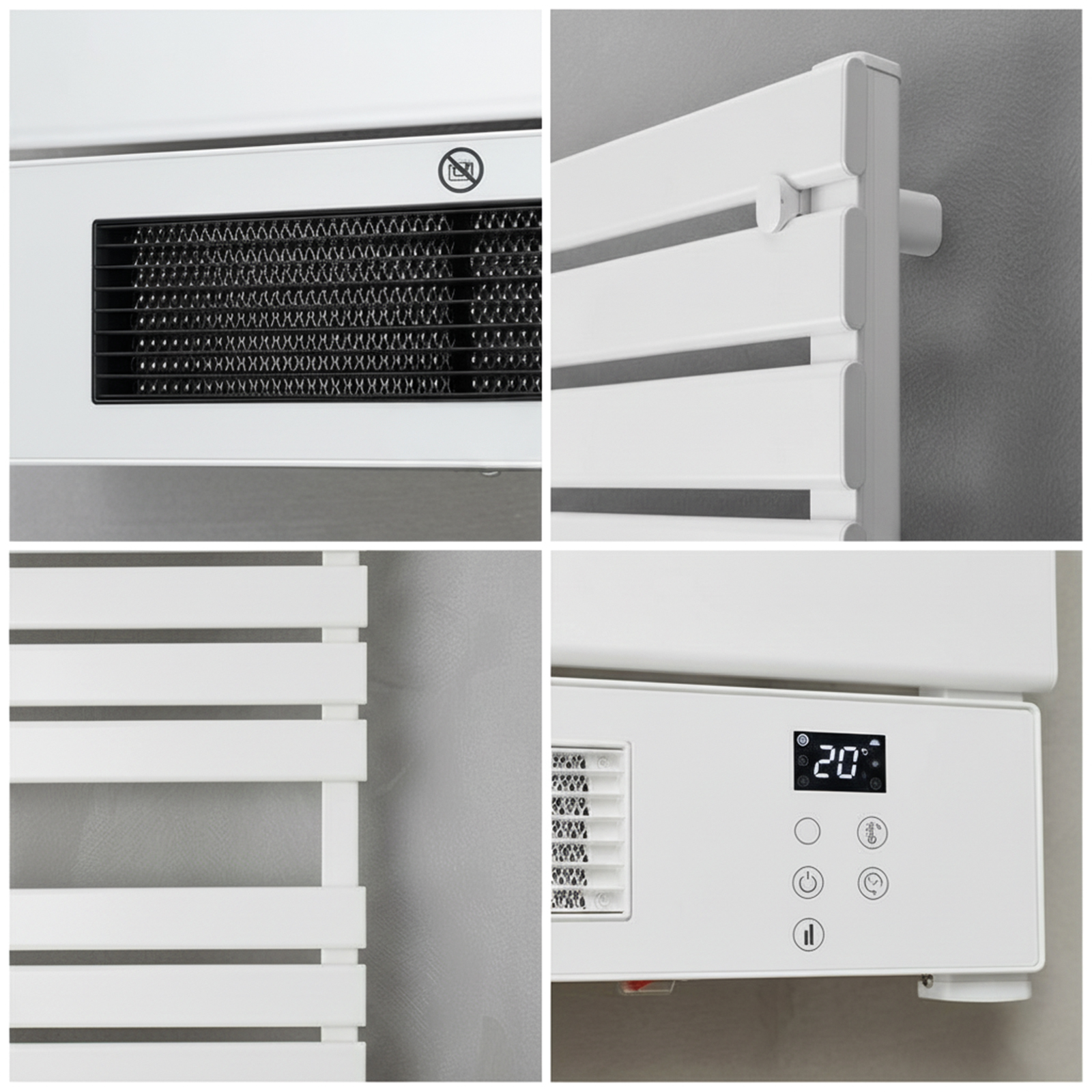 Un radiador toallero blanco con rejilla de ventilación, controles y pantalla digital a 20 grados.