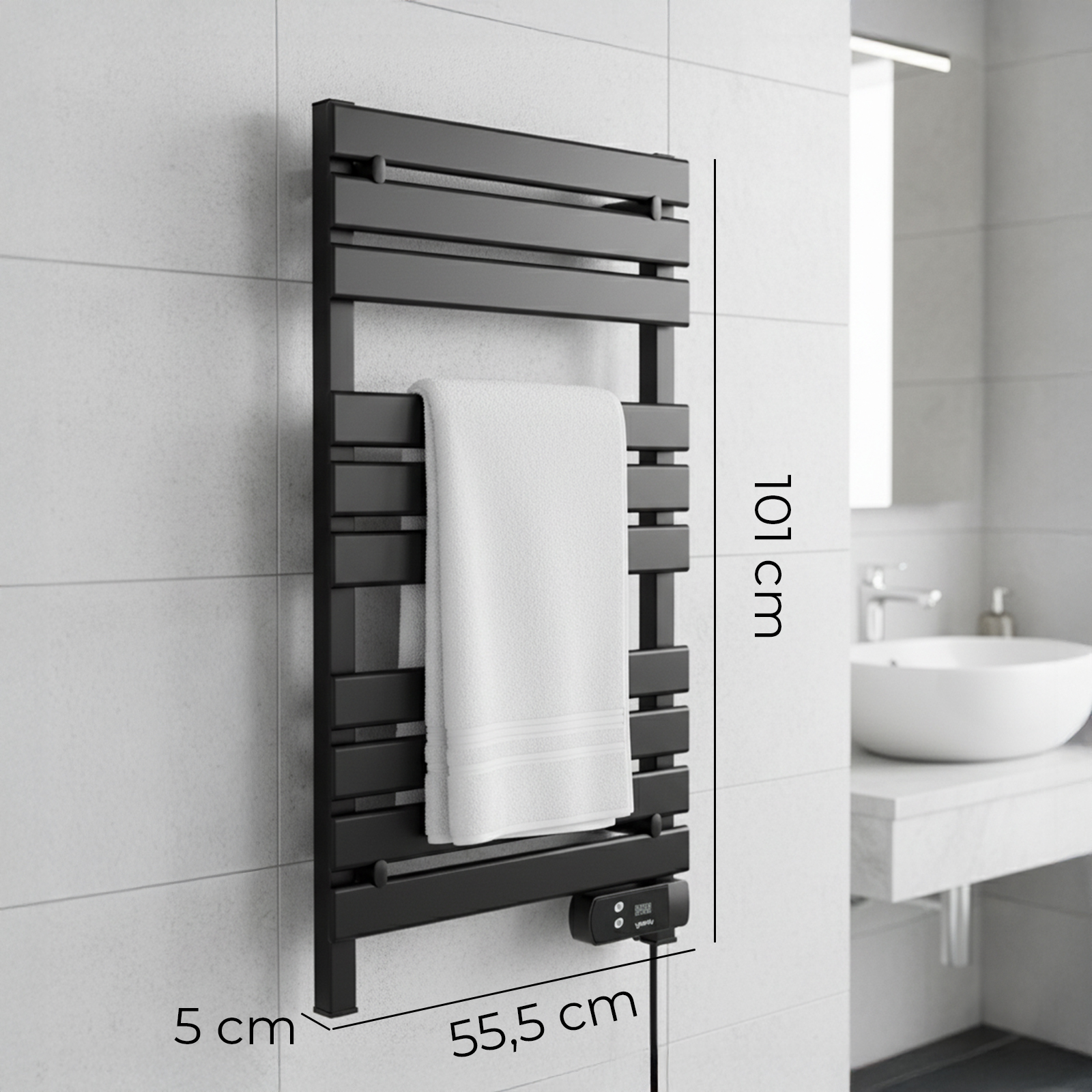Toallero negro con toalla blanca, dimensiones 101x55.5x5cm.
