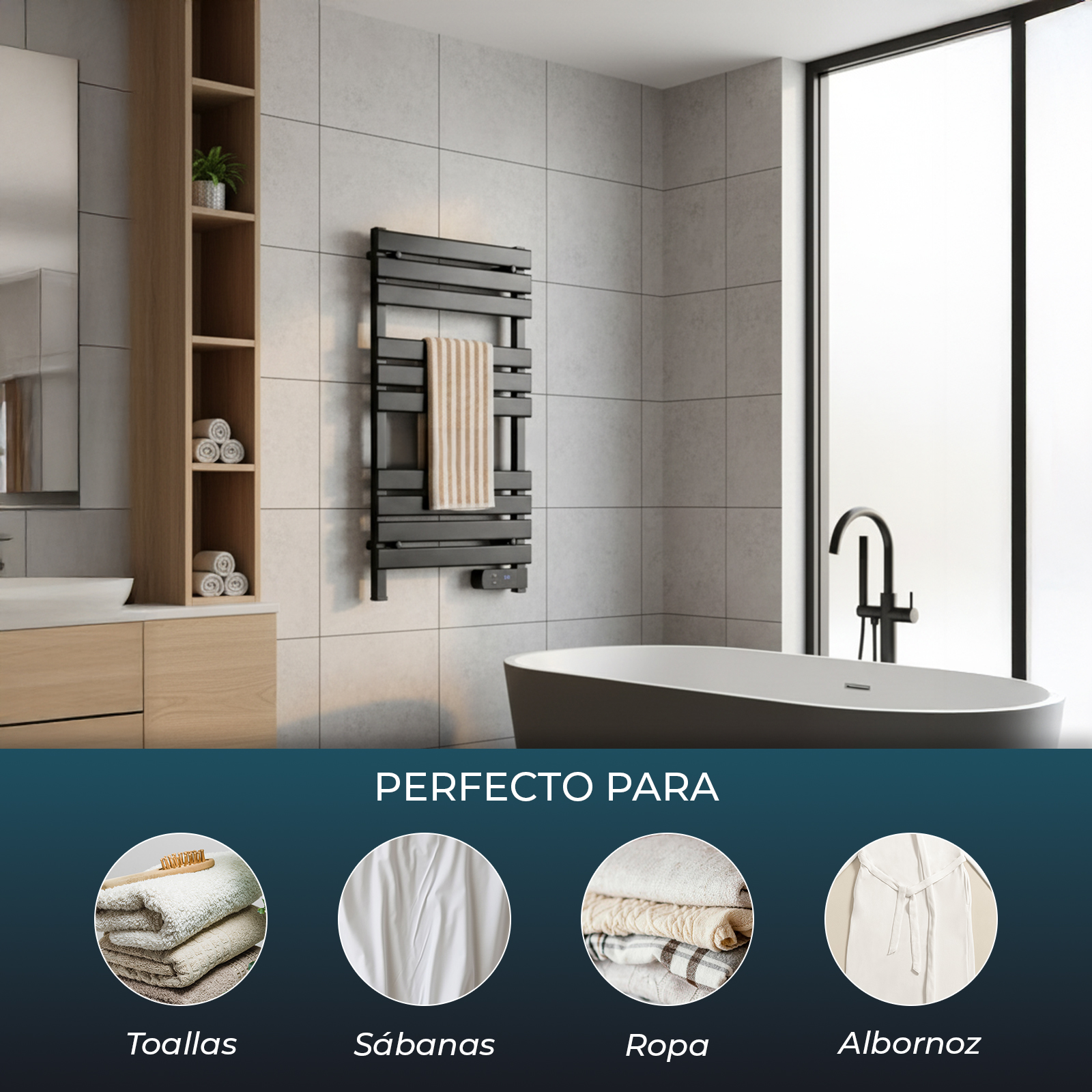 Baño moderno con toallero negro, bañera y mueble de madera.