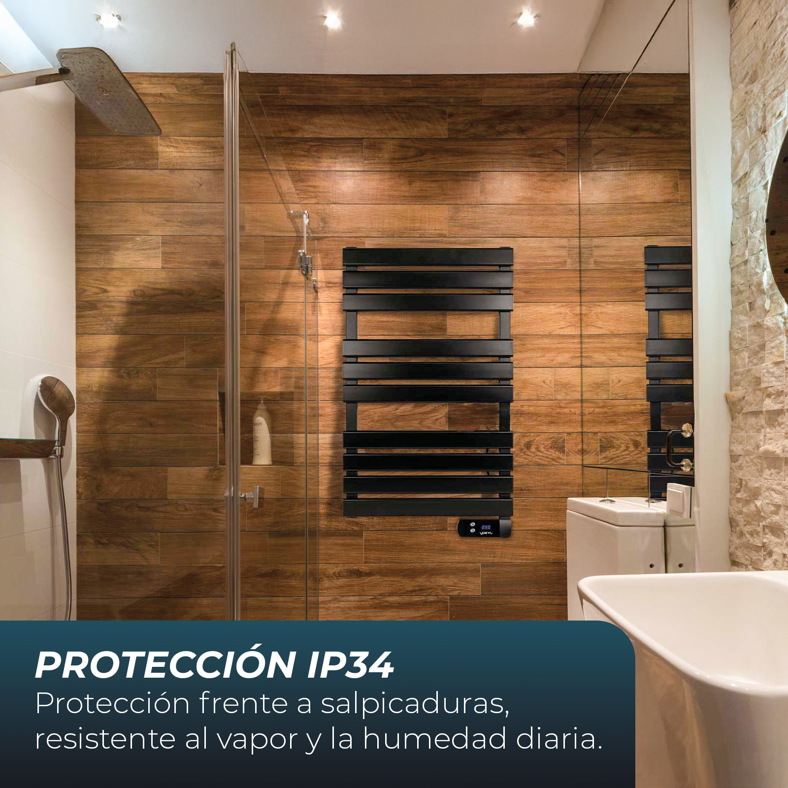 Baño moderno con detalles de madera, toallero negro y ducha.