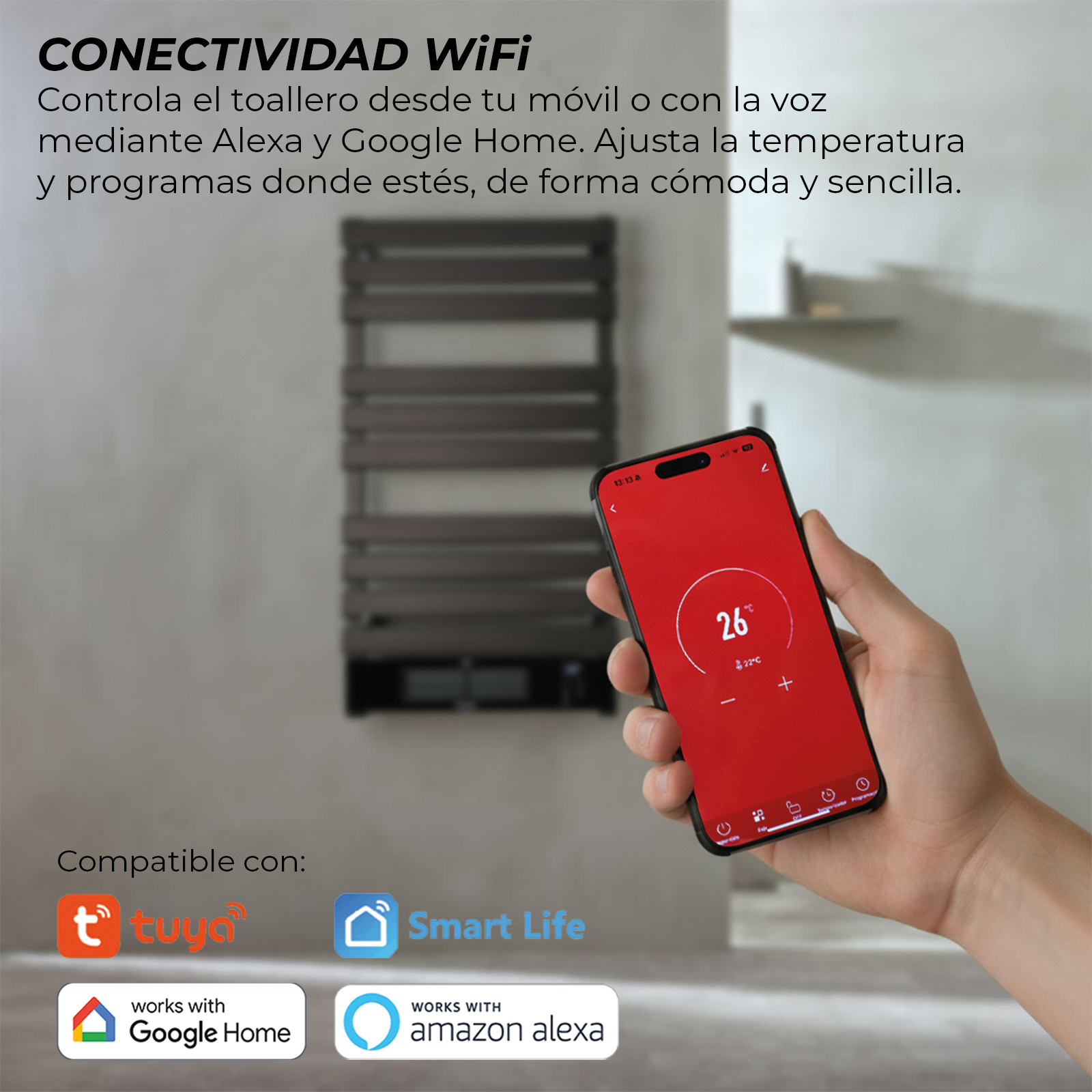Un smartphone muestra un control de calefacción. Un toallero está al fondo.