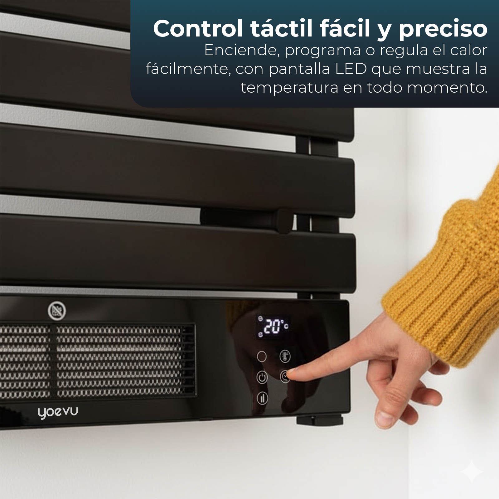 Una mano opera un calentador negro con pantalla LED. La pantalla muestra 20 grados.