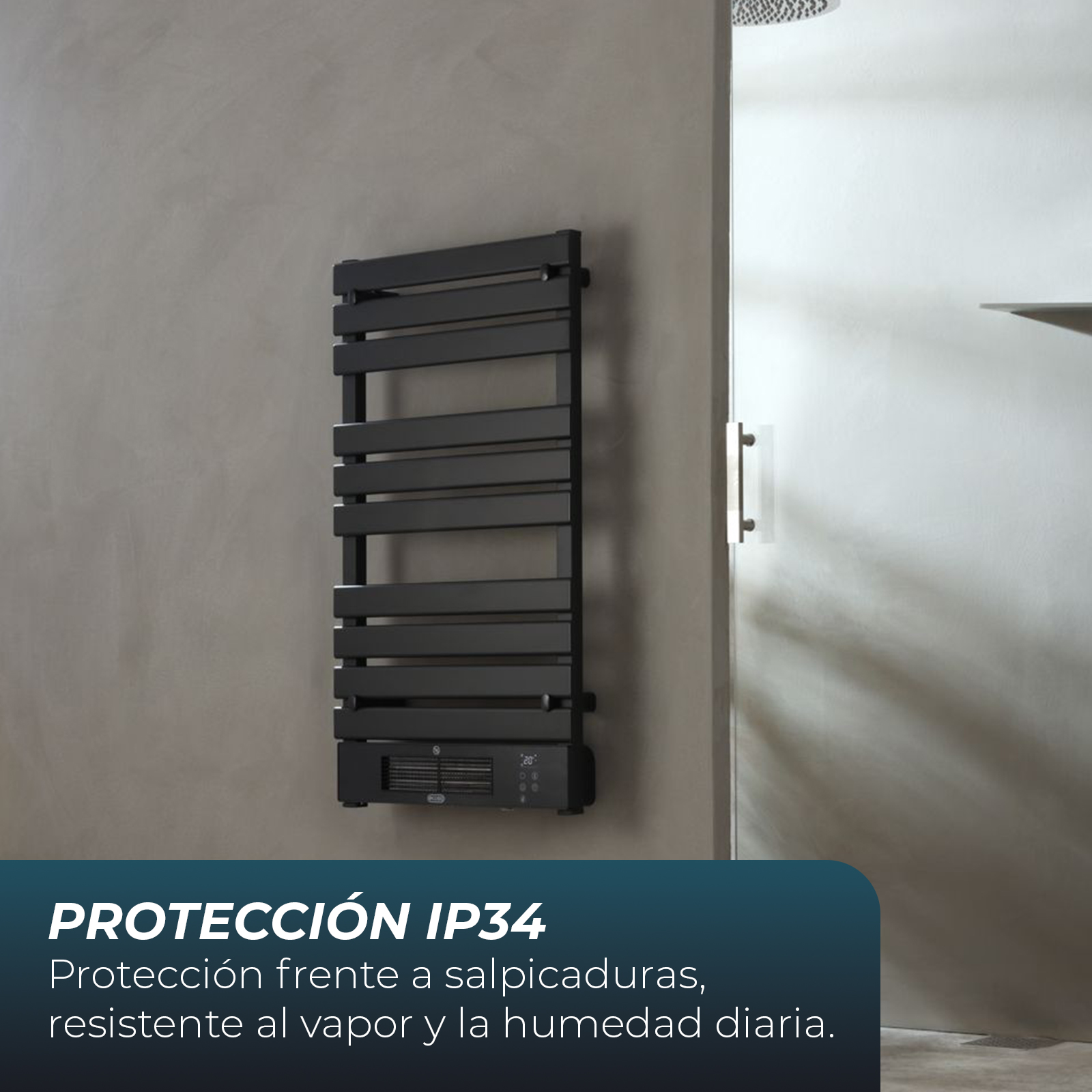 Un toallero eléctrico negro colgado en una pared junto a una ducha.