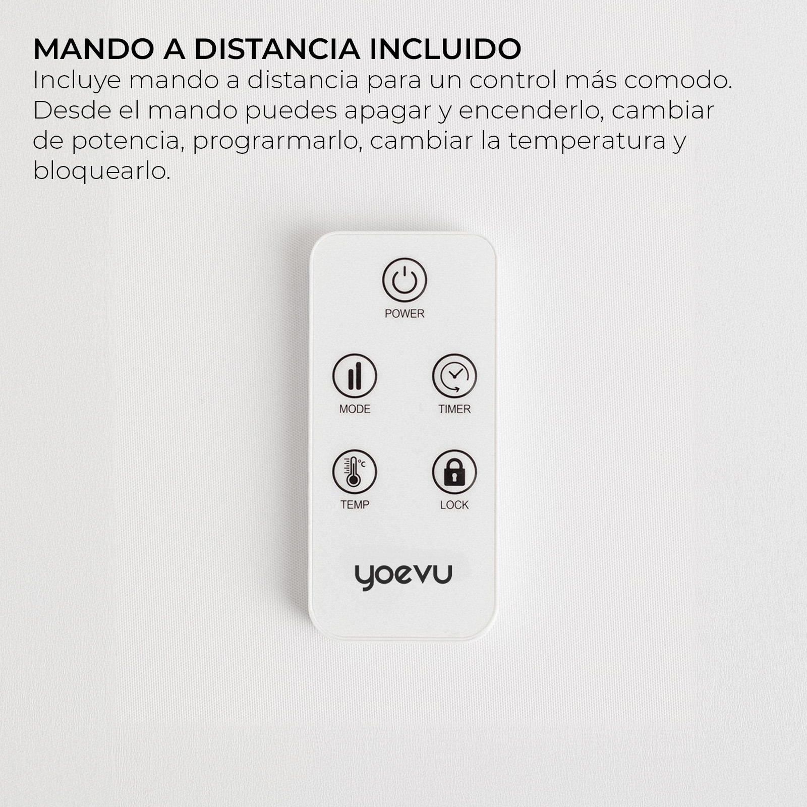 Un control remoto blanco Yoevu con botones de encendido, modo, temporizador, temperatura y bloqueo.